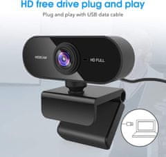 Netscroll Full HD webová kamera s vysoce kvalitním mikrofonem pro snížení šumu a automatickou korekcí, USB zásuvka, otočný podstavec o 360°, pro stolní a přenosné počítače, videohovory a hry, WebStar