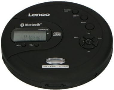discman pro přehrávání cd disků lenco cd-300 bluetooth lcd displej podpora mp3 drátová sluchátka v balení usb napájení nimh baterie funkce opakování náhodné přehrávání funkce paměti ochrana proti otřesům